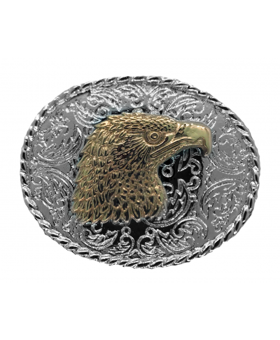 Belt Buckle - Oval Rodeo Eagle Head Silver and Gold