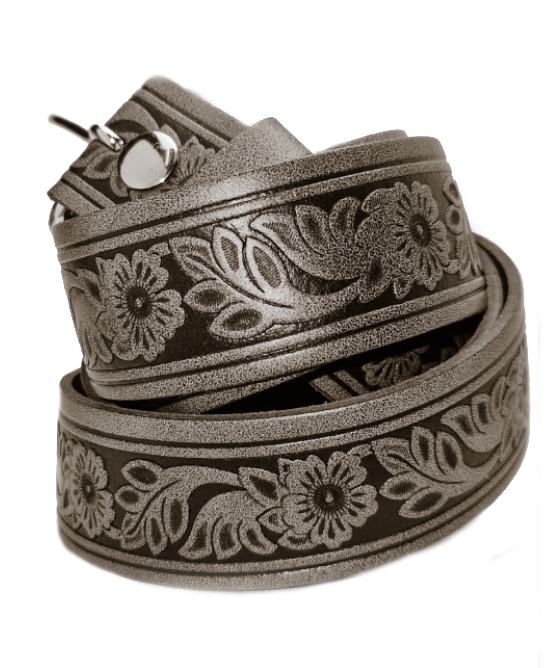 Leather Belt - Flowers Grey