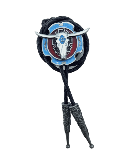 Bolo Tie - Steer Skull Silver Blue Red