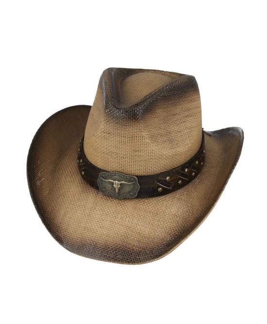 Straw Western Hat Brown with Steer Hat Band