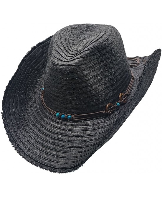 Straw Western Hat with Turquoise Beads - Black